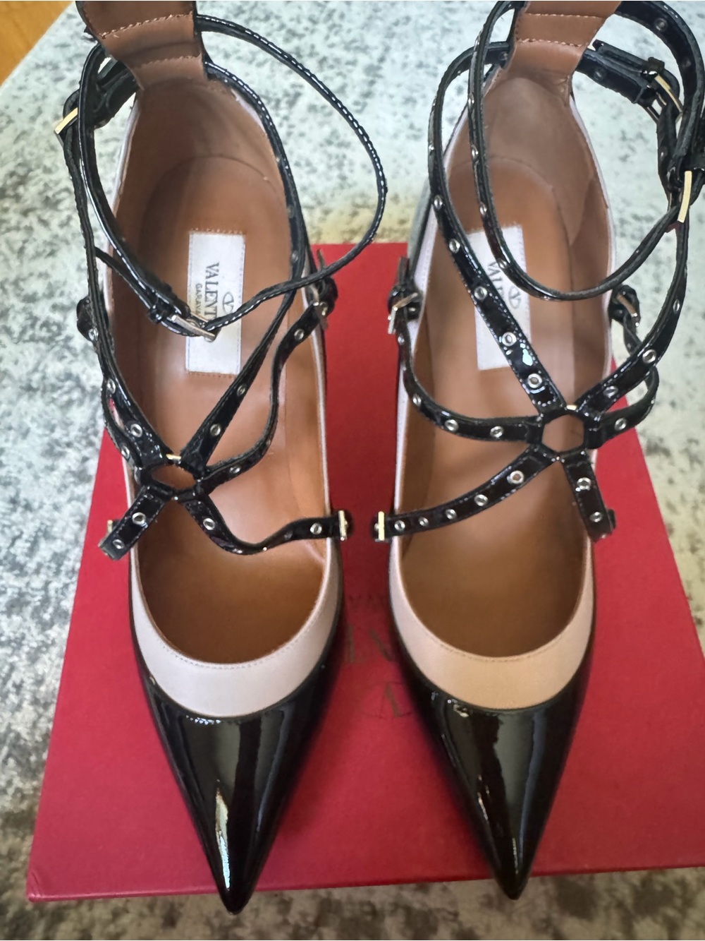 Valentino Black Patent Pointed Pumps with Blush Trim and Studded Straps